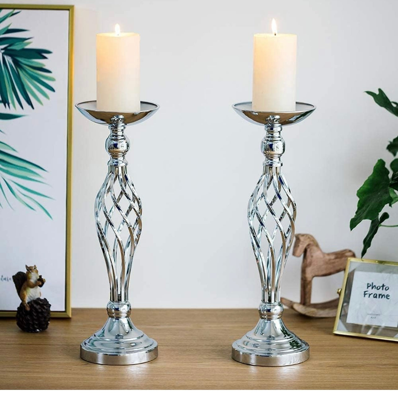 2 Pcs/Set Silver Metal Flower Vase, Wedding/ Party Flowers Centerpieces for Table, Tall Candle Holder for Pillar Candle (17.7inch-45CM)