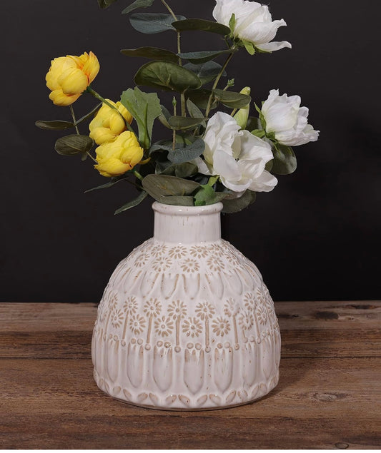White Ceramic Vase for Home Decor Rustic Small Flower Vase for Wedding, Shelves Living Room, Office Boho Decoration.