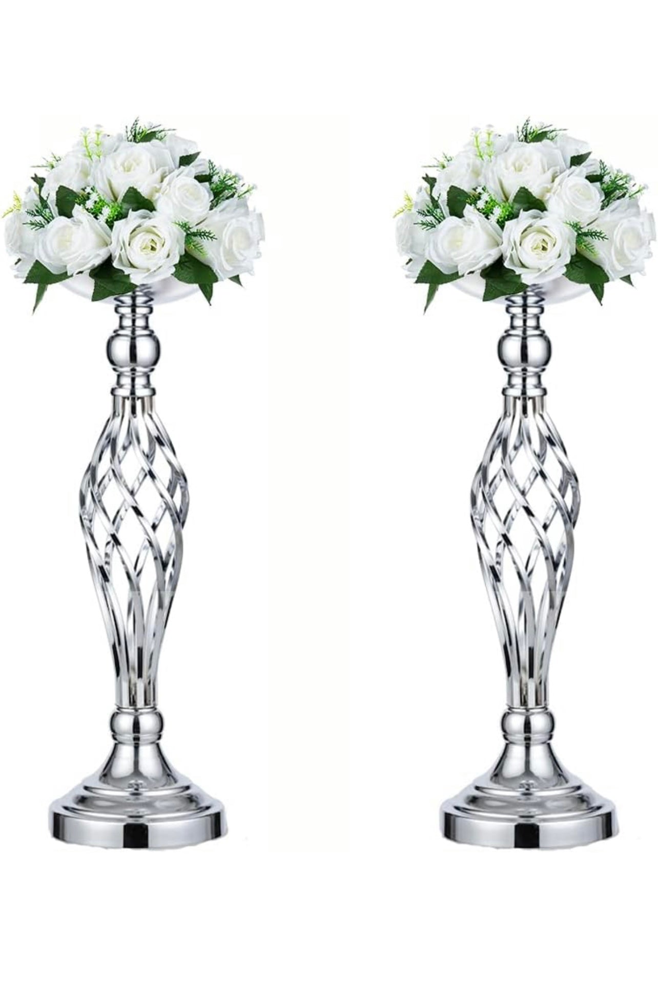 2 Pcs/Set Silver Metal Flower Vase, Wedding/ Party Flowers Centerpieces for Table, Tall Candle Holder for Pillar Candle (17.7inch-45CM)