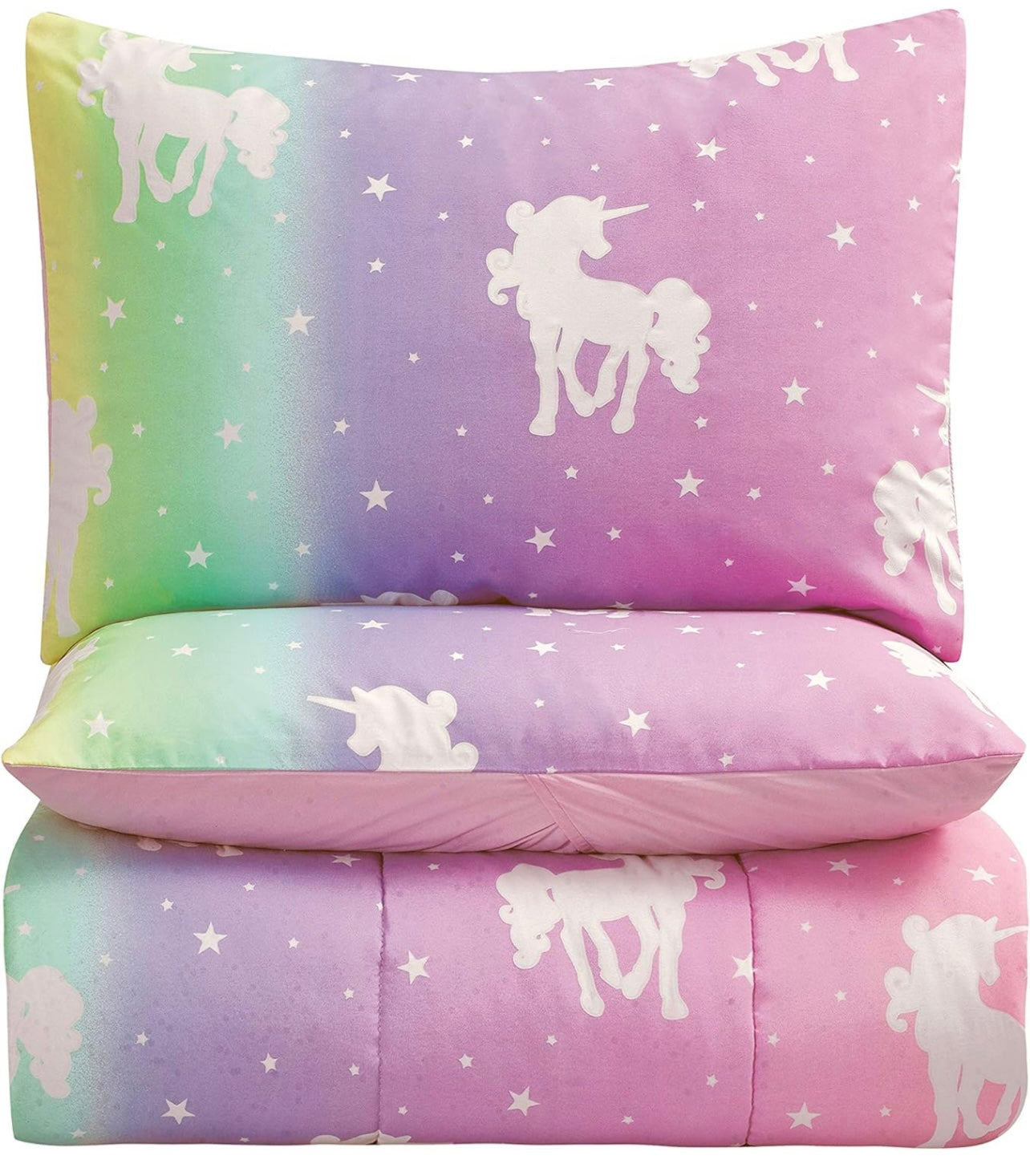 Kids Rule 7-Piece Unicorn and Stars Glow in The Dark Comforter Set, with a Comforter, Fitted Sheet, Flat Sheet, and 4 Pillowcases, Rainbow Colors, Pink, Multicolored, for Kids, Full