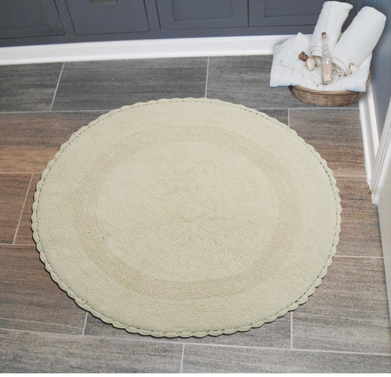 Saffron Fabs Bath Rug 100% Soft Cotton 36 Inch Round, Reversible-Different Pattern On Both Sides, Solid Ivory Color, Hand Knitted Crochet Lace Border, Hand Tufted, 200 GSF Weight, Machine Washable