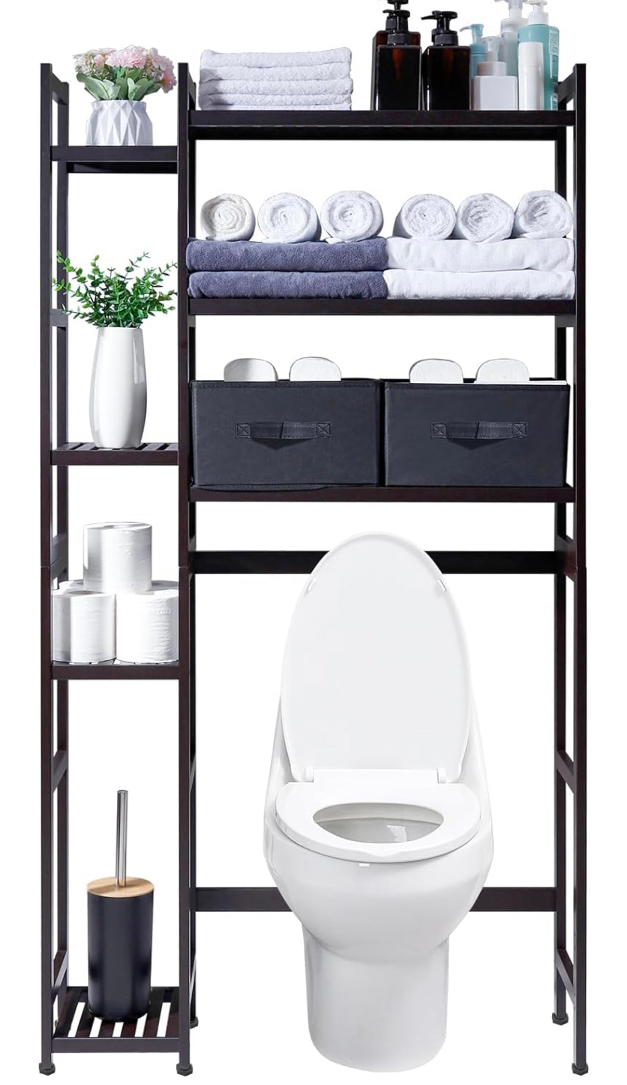 Homde Over The Toilet Storage with Basket and Drawer, Bamboo Bathroom Organizer with Adjustable Shelf & Waterproof Feet Pad, Space Saver Storage Rack for Bathroom, Restroom, Laundry, Brown