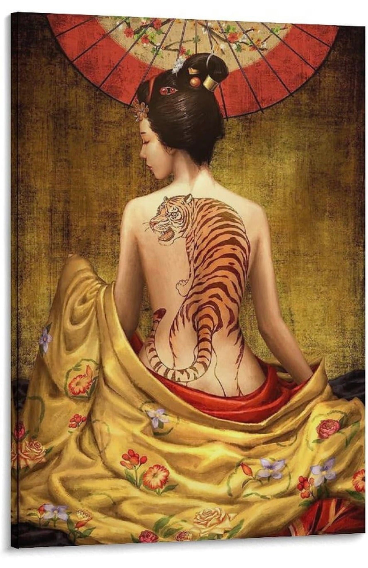 Japanese Woman Canvas Art Tiger Tattoo Painting Pictures Vintage Prints Canvas Wall Art Prints for Wall Decor Room Decor Bedroom Decor Gifts 24x36inch(60x90cm) Frame-Style