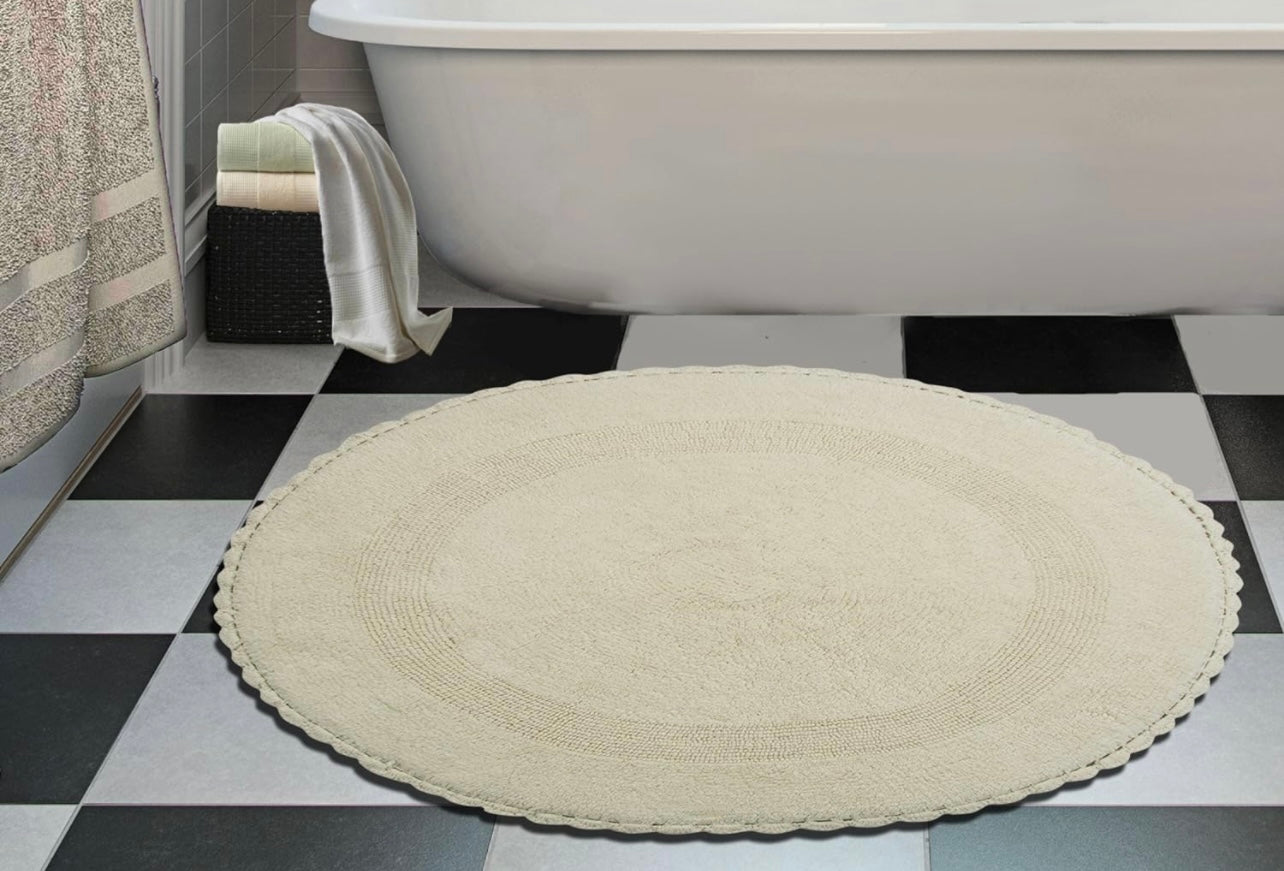 Saffron Fabs Bath Rug 100% Soft Cotton 36 Inch Round, Reversible-Different Pattern On Both Sides, Solid Ivory Color, Hand Knitted Crochet Lace Border, Hand Tufted, 200 GSF Weight, Machine Washable