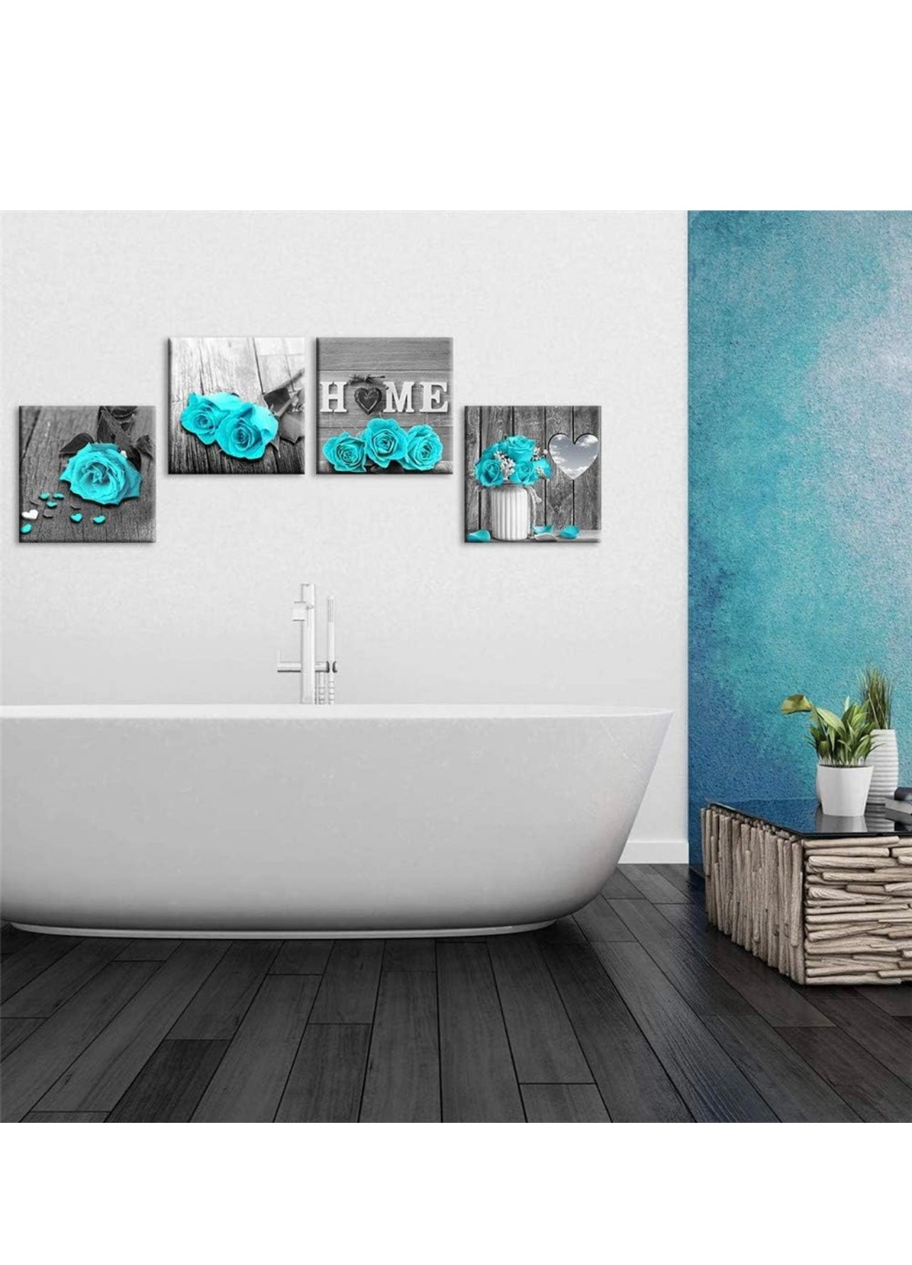 Wall Decor for Living Room Teal Blue Rose Flower Bathroom Decor Bedroom Wall Decor Black and White Canvas Art Home Love Couple Women Gifts Theme Modern Frame Pictures Turquoise Rustic Sets 14 inch