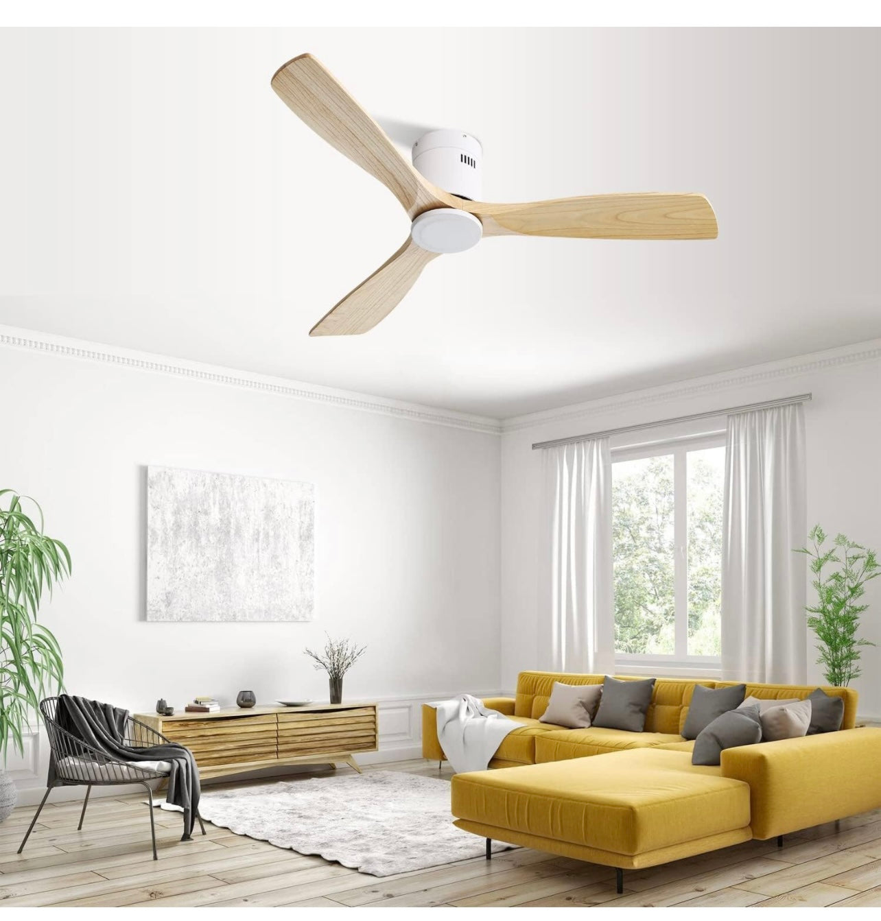 CACI Mall 52 Inch Low Profile Ceiling Fan No Light Wood Fan Blades Flush Mount Ceiling Fan Noiseless Reversible DC Motor Remote Control Without Light (White)