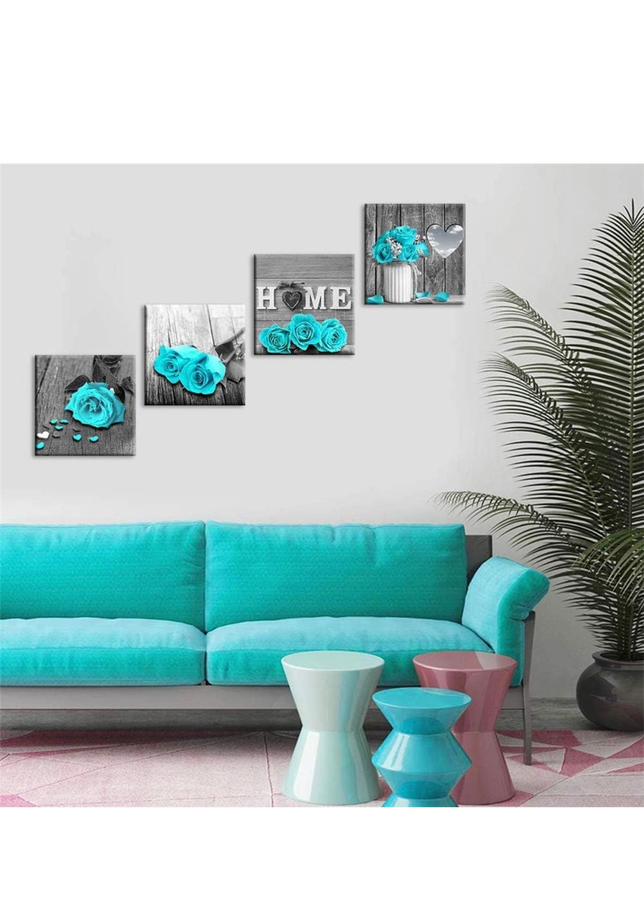 Wall Decor for Living Room Teal Blue Rose Flower Bathroom Decor Bedroom Wall Decor Black and White Canvas Art Home Love Couple Women Gifts Theme Modern Frame Pictures Turquoise Rustic Sets 14 inch
