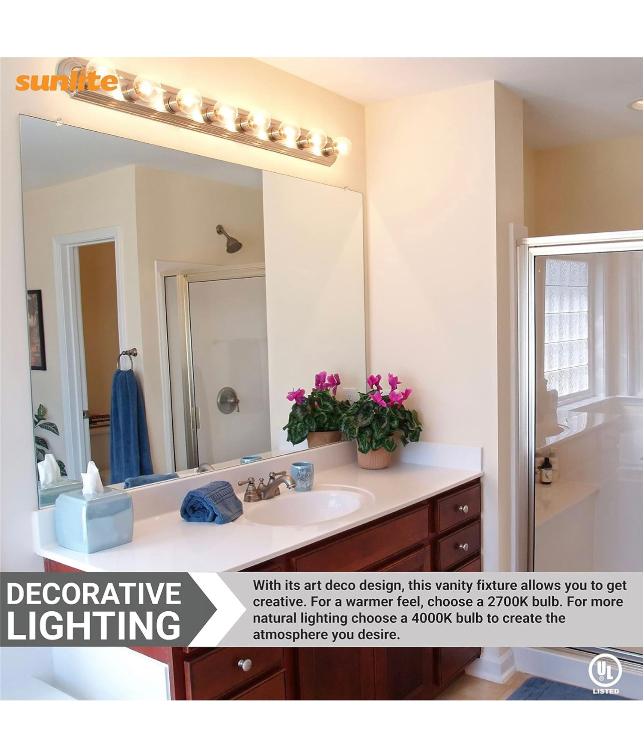 Sunlite Art Deco Style Chrome Vanity Light Fixture, 48-Inch, 8 Medium Base Sockets (Bulbs Not Included), Dimmable, UL Listed, Bathroom, Powder Room, Vanity