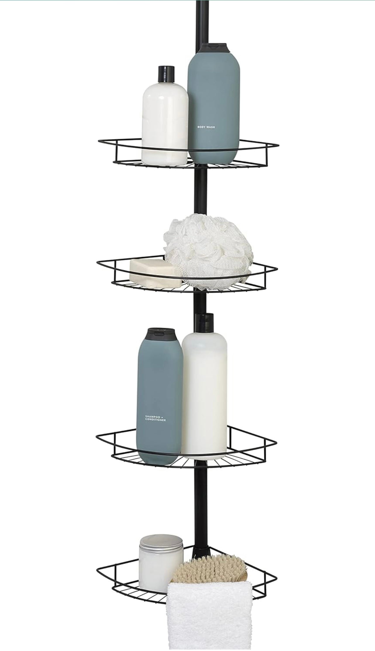 Zenna Home Tension Pole Shower Caddy, 4 Basket Shelves with Built-In Towel Bars, Adjustable, 60 to 97 Inch, Matte Black