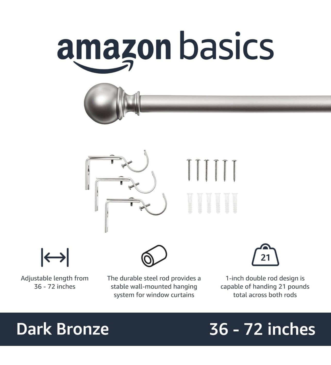 Amazon Basics 1-Inch Curtain Rod with Round Finials, 1 rod 36" to 72", Nickel