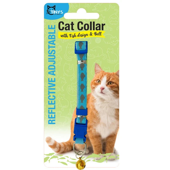 Reflective Adjustable Cat Collar with Fish Design and Bell in Assorted Colors 48 count case pack