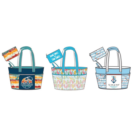 Jumbo Beach Tote with Wet Pouch in Assorted Aloha, Anchor and Flip Flops Designs lot of 8 units
