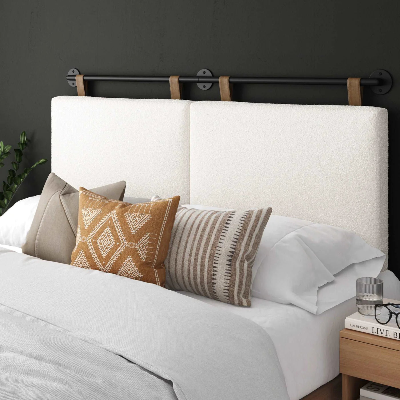 Nathan James Charlie 61 in. W White Boucle Queen Wall Mount Padded Headboard, Adjustable Height with Black Metal Rail