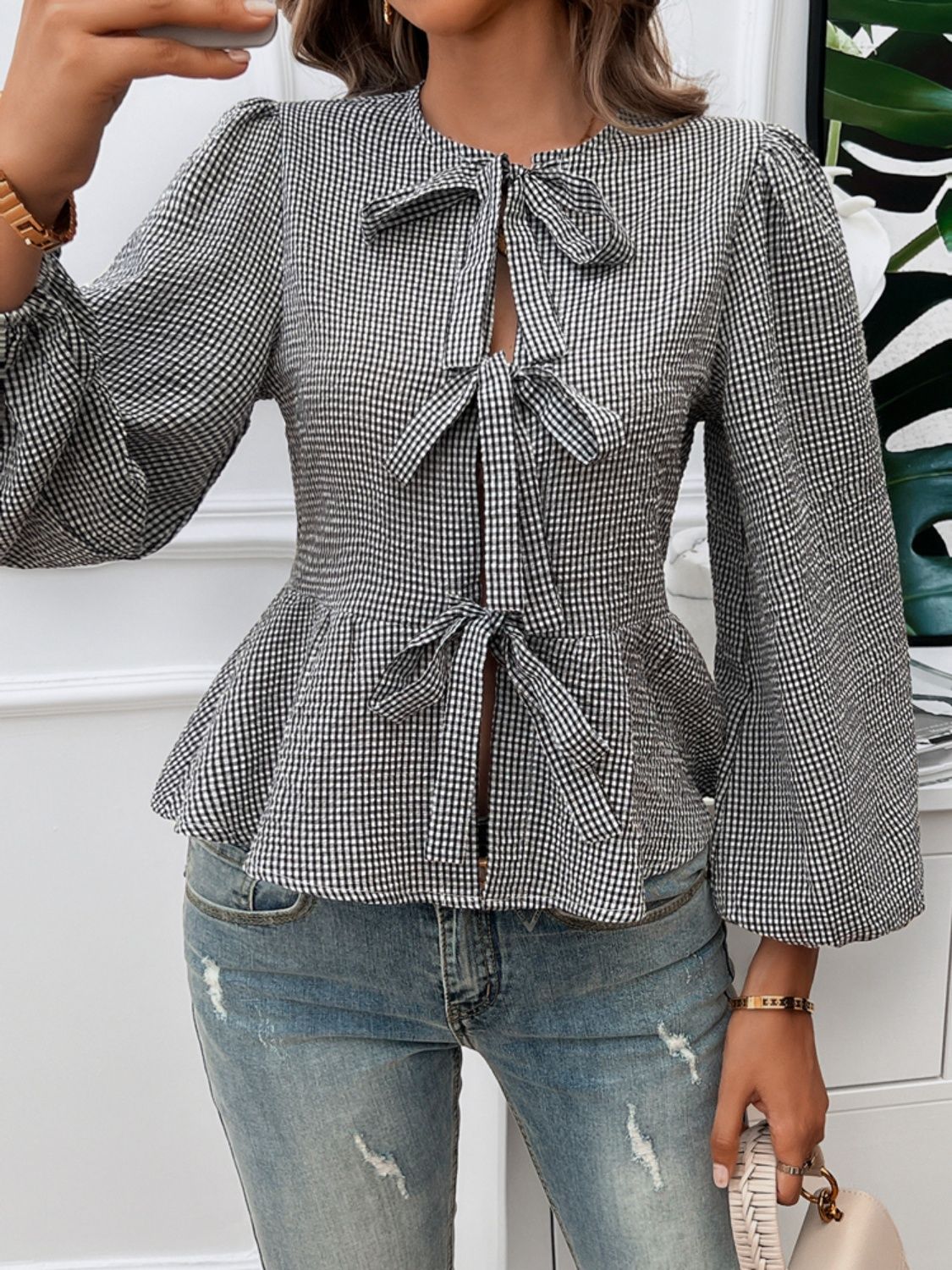 Devine Tied Round Neck Long Sleeve Blouse